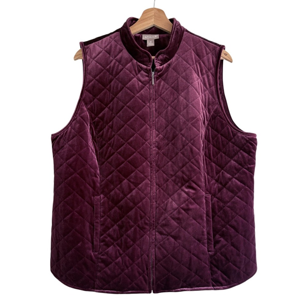 Chicos Diamond Quilted Velvet Vest Burgundy Zip Front Pockets XL/16 Chicos 3